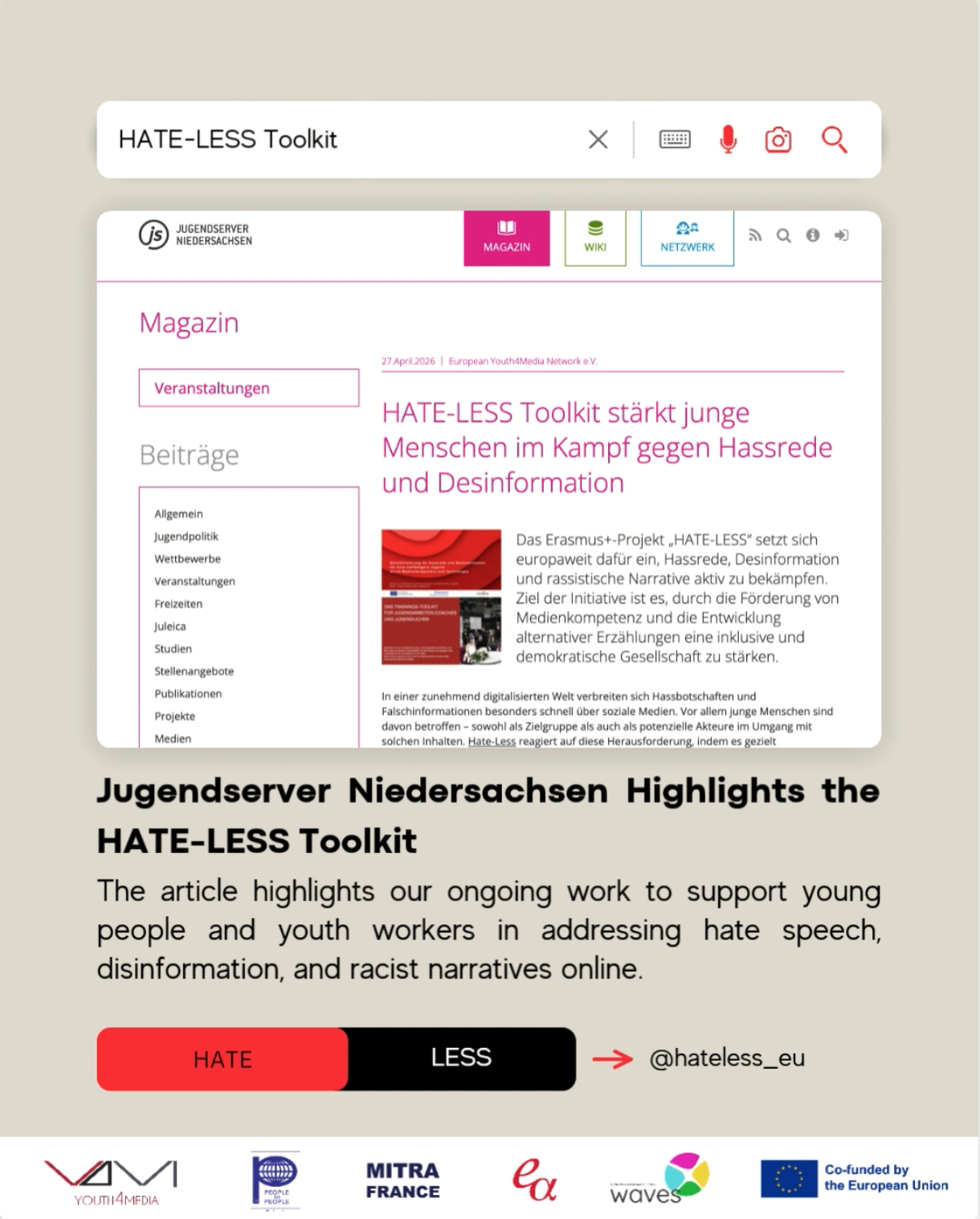Jugendserver Niedersachsen Highlights the HATE-LESS Toolkit